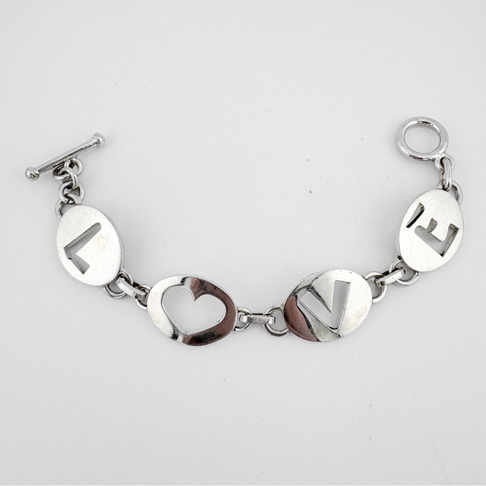 LOVE Bracelet Sterling 925 Silver Heart Oval Cut Out 7 Toggle Chunky 39.3g 7.5”